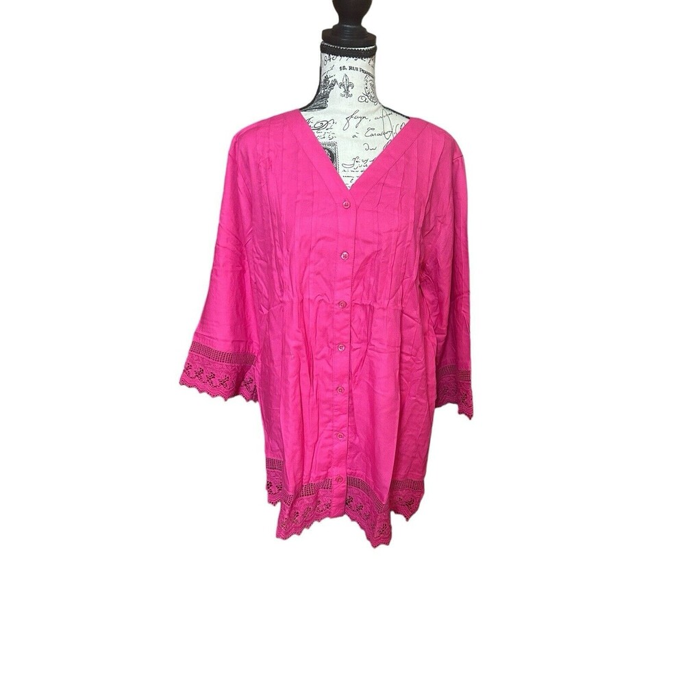 Collections Etc. Women’s Pintuck Lace Trim Button Down V Neck Tunic XL